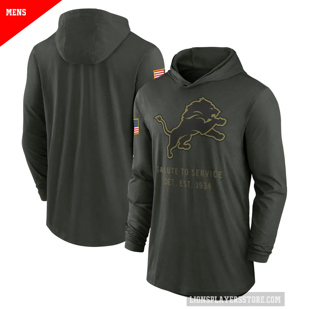 Men's Detroit Lions Green Forest 2025 Salute to Service Sideline Lightweight Long Sleeve Hooded Pullover T-Shirt