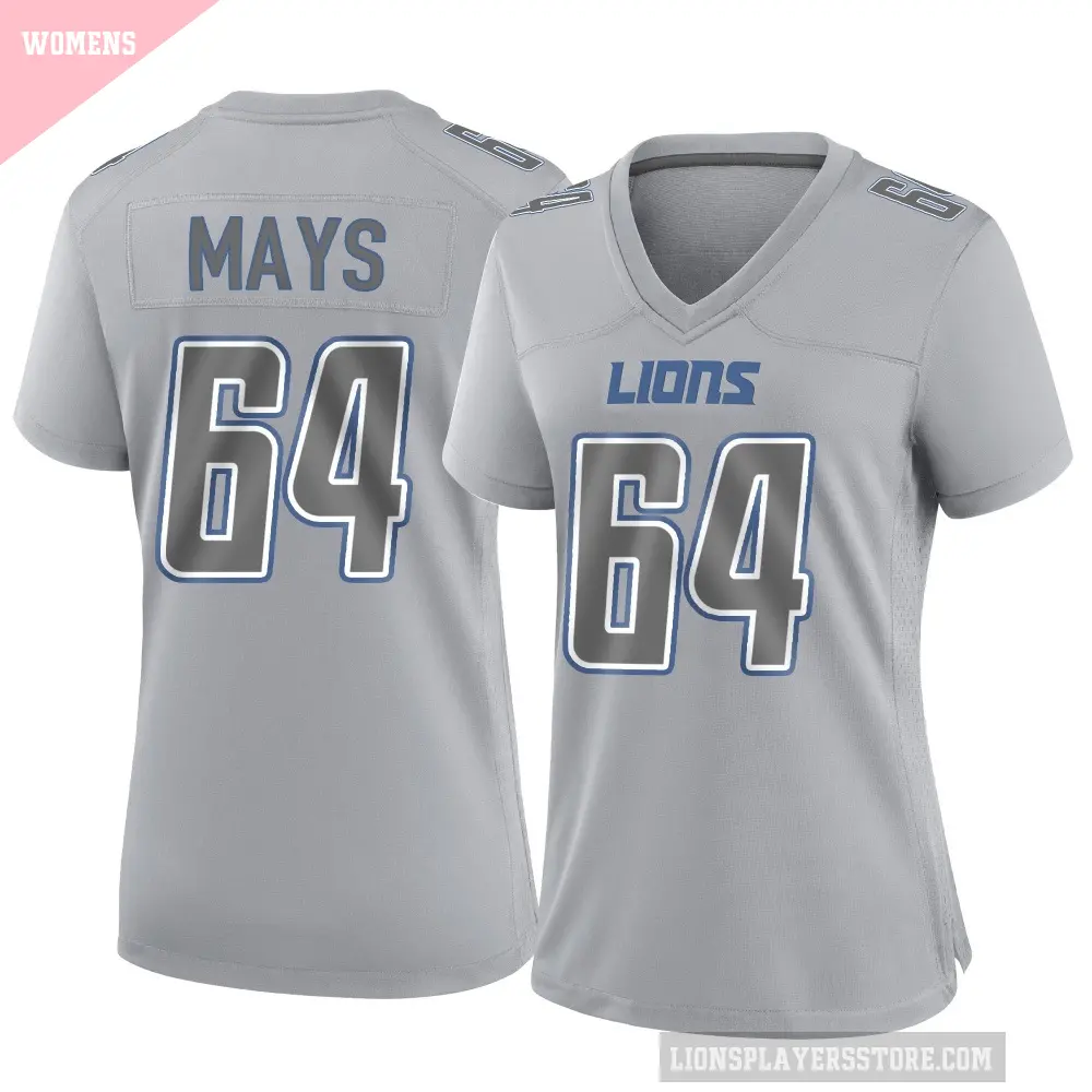 Women's Detroit Lions ＃64 Cade Mays Gray Game Atmosphere Fashion Jersey